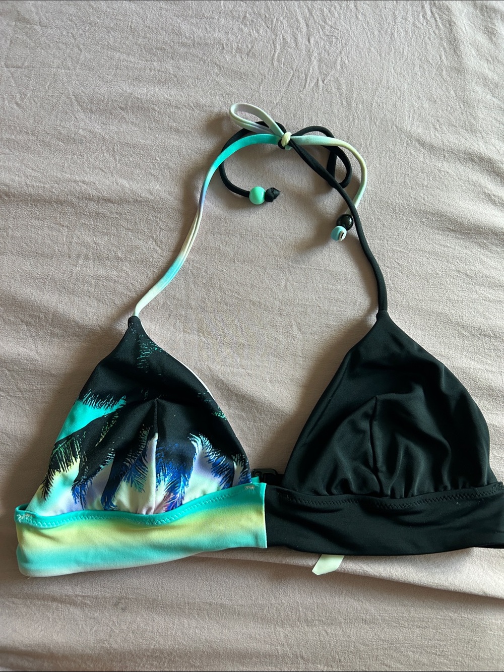 Victoria's Secret Black Triangle Bikini Top with Teal, Aqua & Yellow Gradient